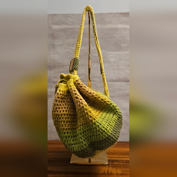 Crochet Drawstring Backpack - Green & Tan - Picture 2 of 6